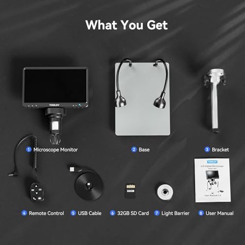 TOMLOV DM9 7" Digital Microscope: 1080P 1200X Coin Microscope Magnifier, 12MP Ultra-Precise Focusing LCD Soldering Microscopes for Adults, PC View, 32GB