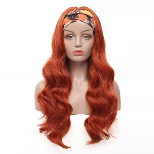 Colorful Queen Reddish Brown Headband Wig Auburn Body Wave Headband Wigs for Black Women Copper Red Colored Long Wavy Wig with Headband 26 Inch Glueless Half Wig
