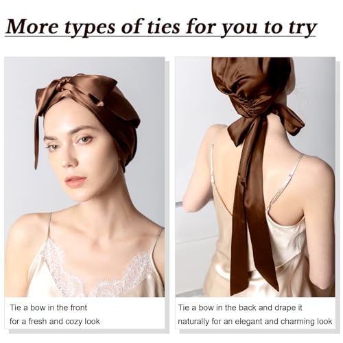 22 Momme 100% Mulberry Silk Sleep Cap for Women, Pure Mulberry Hair Bonnet, Anti-Frizz Head Wrap with Elastic Stay On Head, Dark Brown