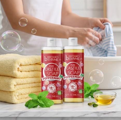 Brittanie's Pure Castile Liquid Soap Peppermint – 2 Pack (32oz Each) | Natural, Organic, Multi-Purpose Soap for Body, Face, Home & Pets | Vegan, Sulfate-Free, Made in USA