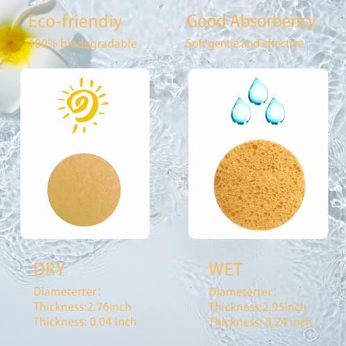 50-Count Large Compressed Facial Sponges for Estheticians,Daily Cleansing and Gentle Exfoliating- 100% Natural Cellulose Spa Sponge Perfect for Removing Dead Skin,Dirt and Makeup(Round 2.95", Yellow)