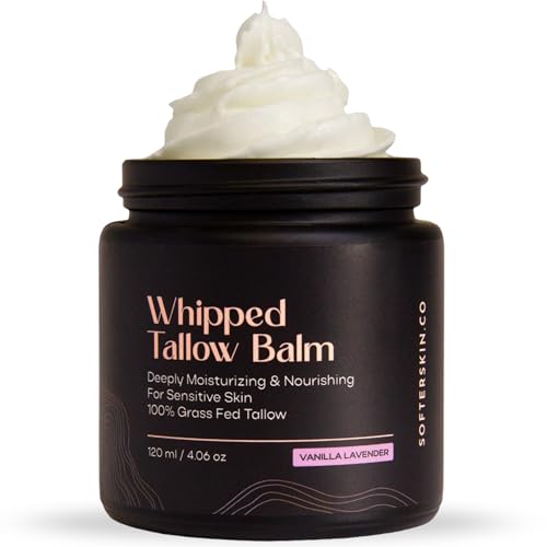Beef Tallow for Skin (Vanilla Lavender 4 oz) - Whipped Tallow Balm for Face and Body - Natural Moisturizer for Sensitive Dry Skin - Handmade Body Butter - 100% Grass-Fed - Gentle Skincare