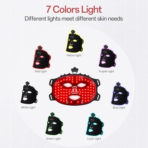 Red Light Mask - 7 Colors Red Light Mask for Face, Facial Skin Care at Home, Cordless, Ergonomic Design and Rechargeable for Home - Black