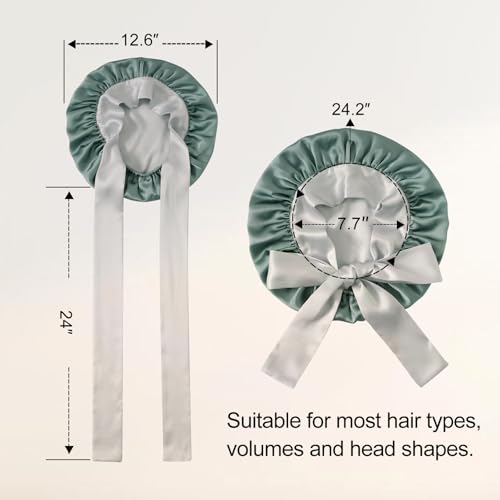ZIMASILK 100% Mulberry Silk Bonnet for Sleeping Women Long Hair Double Layer Silk Hair Wrap with Silk Tie Band Natural Silk Cap for Hair Care Stay on Head (1Pc, Grayishgreen + Lightgrey)