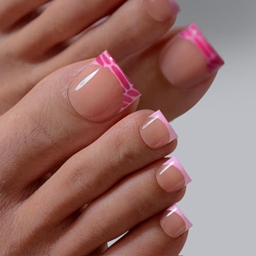 BTArtbox Press On Toenails - Lamp-Curable Real Square Toe Nail Press Ons with Glue for Women, Semi-Transparent French Tip Fake Toe Nail Tips in 15 Sizes - 30 Toenails Kit, Pink Croc