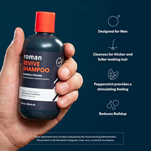 ROMAN Men's Revive Shampoo, Exfoliates & Clarifies with Peppermint, Cleanses for Thicker-Looking Hair, With Saw Palmetto, Pumpkin Seed Oil, Caffeine, Without Sulfates, Parabens, Phthalates, 8 fl oz