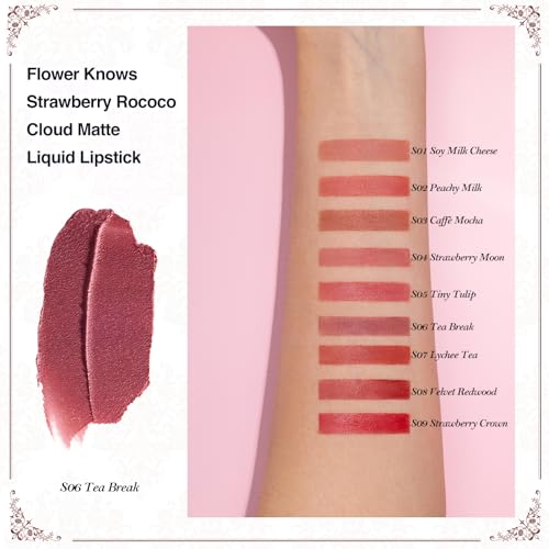 Flower Knows Strawberry Rococo Cloud Lip Cream Matte Liquid Lipstick-Long Lasting&Highly Pigmented Lip Stain -Velvety Waterproof Lip Makeup for Girls&Women-0.12 Fl Oz,1 Count(S06 Tea Break)