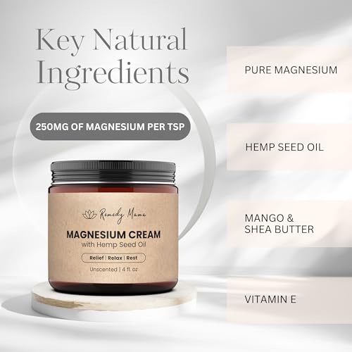 Magnesium Cream for Sleep, Muscle Soreness & Cramps Relief with Hemp Seed Oil, Vitamin E, Shea Butter - Topical Magnesium Lotion for Calm & Relaxation - Unscented - 4fl oz - Made in Canada