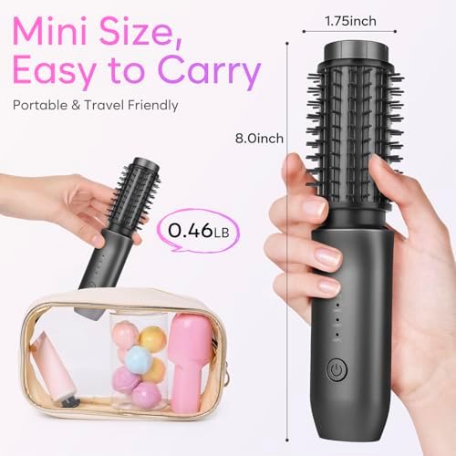 Cordless Curling Iron Brush, 2024 New Portable Travel Curling Iron Mini Brush for Women, 7000Mah USB Rechargeable Curling Wand Brush with Negative Ion, Black