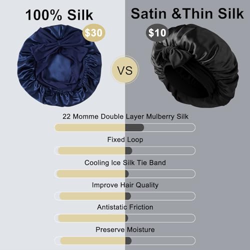 ZIMASILK 22 Momme 100% Mulberry Silk Bonnet for Sleeping Women Double Layer Silk Hair Wrap with Tie Band Stay On Head for Curly Hair Care (1Pc, Navyblue)