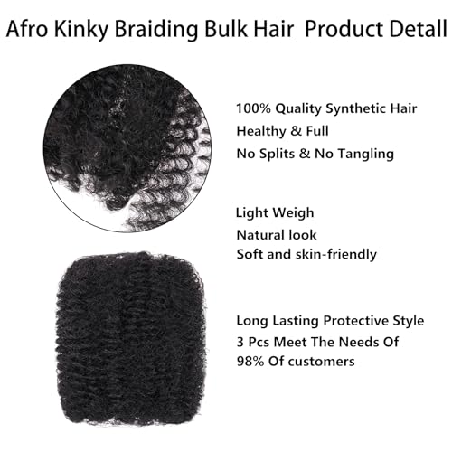 Xtrend 16 Inch 3 Bundles 90g Natural Black Afro Kinky Curly Braiding Bulk Hair For Mini Braiding Twists ，Afro Kinkys Bulk Synthetic Hair For Micro Spring Twist，Dreadlock Extensions Repair Locs Women