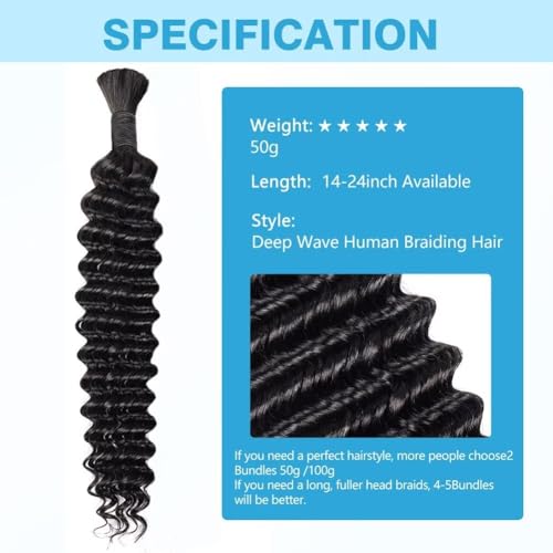 Human Braiding Hair Deep Water Wave Bulk Human Hair 50g 18 Inch Curly Human Hair for Boho Braids Hair Extensions No Weft 1 Braids Per Pack Wet and Wavy Human Hair Braiding Hair Natural Color