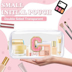 Small Clear Personalized Initial Makeup Bag,Nylon Preppy A-Z Chenille Letter Patch Cosmetic Pouch Beach Toiletry Bag,Waterproof Zipper Travel Purse Storage Bag Organizer for Women Girls(White-Pink C)