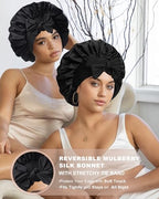 Mulberry Silk Bonnet for Sleeping Women Curly Hair Bonnets with Tie Band Double Layer Reversible Sleep Bonnet Silk Hair Wrap Sleep Cap (Black)