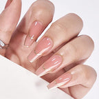 BTArtbox Press on Nails Long - Rose Gold Outline Designed French Tip Press on Nails, Coffin Glue On Nails, Reusable Soft Gel Stick On Nails with Nail Glue in 15 Sizes, Gilded French