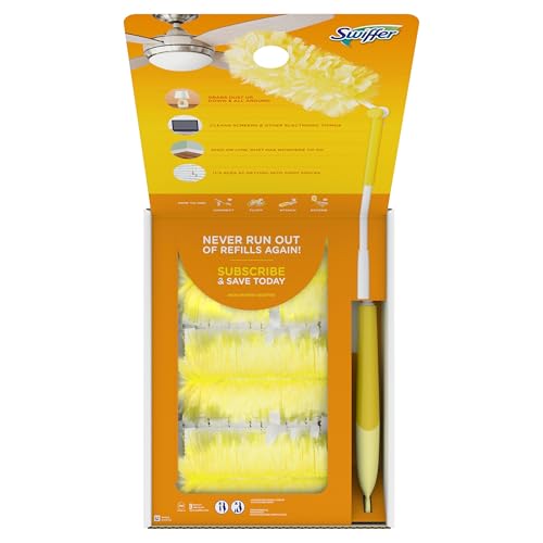 Swiffer Duster Kit with 3 ft Extendable Handle, Heavy Duty Dusting Starter Kit with 12 Refills, for Ceiling Fans, Vents and Hard to Reach Places