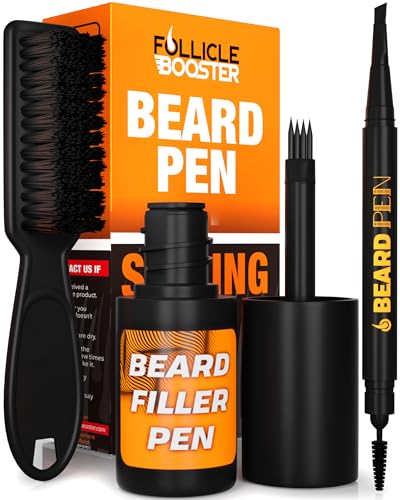 FOLLICLE BOOSTER Beard Pen Filler Styling Kit for Men - 3-in-1 Filling Set with 4-Tip Fork, Normal Pencil, and Brush - Waterproof, Sweatproof & All-Day Hold - Jet Black