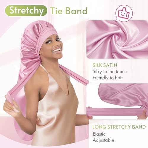BONNET QUEEN Braid Bonnet Silk Bonnet Foldable Extra Long Bonnet for Braids Satin Bonnet for Sleeping Hair Bonnet with Tie Band Long Sleep Cap Light Rose Gold