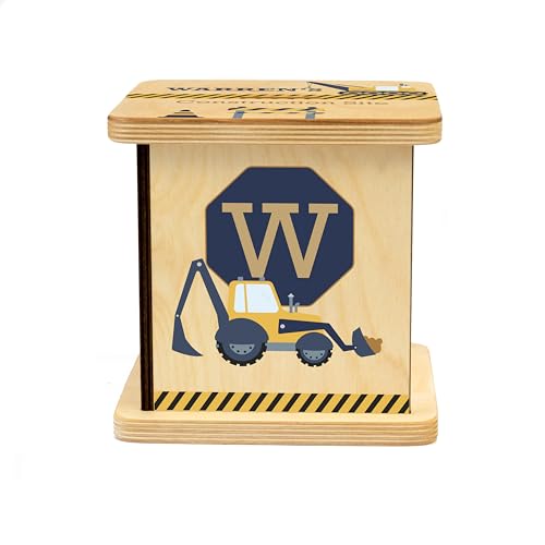 Wooden Piggy Bank for Kids and Adults, Personalized Gift Handmade in USA by BloomOwl, Custom Piggy Bank, Personalized Banks for Kids, Gifts for Baby Boys and Girls (Construction- Navy)