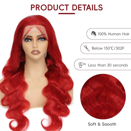 Red Lace Front Wigs Human Hair 200% Density Red Wig Human Hair 13X4 Red Body Wave Lace Front Wig Human Hair Pre Plucked HD Lace Frontal Wig Red Human Hair Lace Front Wigs 34 Inch