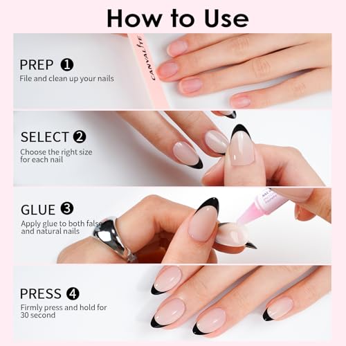 Canvalite French Tip Press On Nails, 30Pcs Short Almond Press on Nails Reusable Acrylic Fake Nails with Glue & Glue Remover Easy to Use Manicure Kit for Women, Black