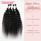 Rebecca Fashion Human Braiding Hair for Boho Braids Super Wave Bulk Human Hair for Braiding 95G 18 Inch No Weft Wet and Wavy Bulk Human Hair Extensions 4 Bundles/Pack Natural Color