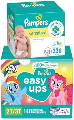 Pampers Easy Ups Pull On Training Pants My Little Pony, 2T-3T, 140 Count with Sensitive Water Based Baby Wipes 4X Pop-Top Packs (336 Count)