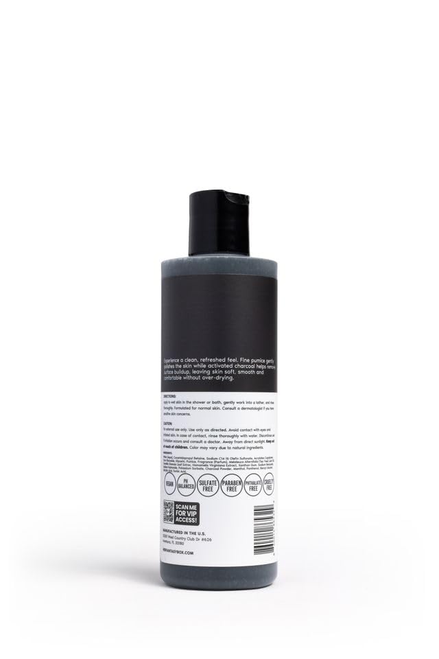 Her Fantasy Box | Charcoal Detox Exfoliating Body Wash – Activated Charcoal & Pumice Deep Cleanser with Tea Tree & Eucalyptus, Refreshing Exfoliation for Smoother Skin, Vegan & pH Balanced (8 oz)