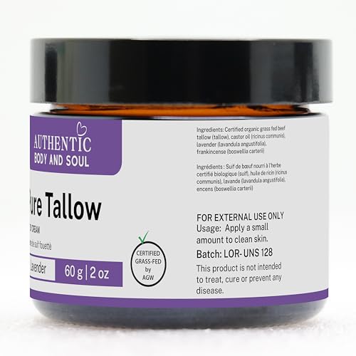 Certified Organic Beef Tallow with Organic Ingredients for Sensitive Skin Cream. Delivers Intense Hydration for All Skin Types (Lavender-2oz)
