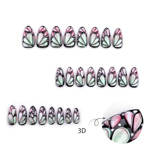 3D Butterfly Wings Press on Nails Green Gradient False Nails Black Curve Line Gel Glue on Nails Medium Almond Glossy Pink Ombre Acrylic Fake Nails Sparkly Powder Stick on Nail for Coquette Women 24Pcs