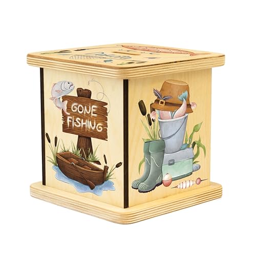 Wooden Piggy Bank for Kids and Adults, Personalized Gift Handmade in USA by BloomOwl, Custom Piggy Bank, Personalized Banks for Kids, Gifts for Baby Boys and Girls (Fishing)