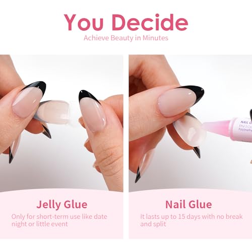Canvalite French Tip Press On Nails, 30Pcs Short Almond Press on Nails Reusable Acrylic Fake Nails with Glue & Glue Remover Easy to Use Manicure Kit for Women, Black