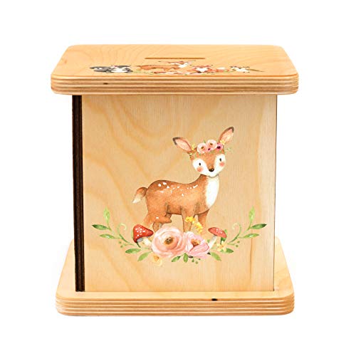 Wooden Piggy Bank for Kids and Adults, Personalized Gift Handmade in USA by BloomOwl, Custom Piggy Bank, Personalized Banks for Kids, Gifts for Baby Boys and Girls (Woodland- Girl)