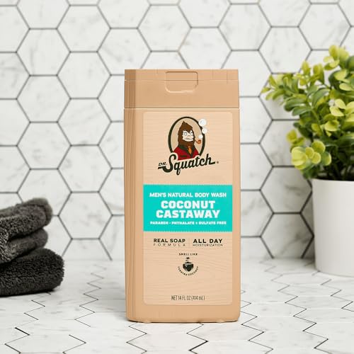 Dr. Squatch NEW Natural Body Wash for Men - Non-Exfoliating - Coconut Castaway (14 oz) + Wood Barrel Bourbon + Pine Tar (8 oz, 2 Pack) + Body Scrubber