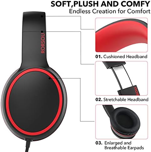 RORSOU R10 Kids Headphones Over-Ear with Microphone, Lightweight Folding Stereo Bass Headset with 1.5M No-Tangle Cord, Portable Wired Headphones for Smartphone Tablet Computer MP3 / 4 (Black)