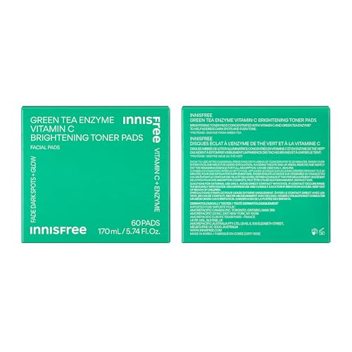 innisfree Green Tea Enzyme Vitamin C Brightening Toner Pads, Korean Face Toner Pads for Glow and Dark Spots