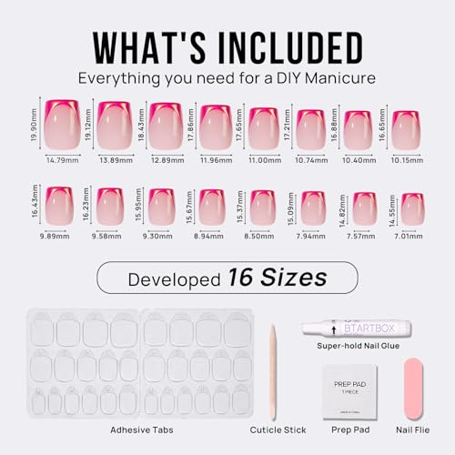 BTArtbox French Tip Press On Nails - Trendy Short Square Fake Nails with Metallic Chrome Pink Color, Reusable Glue On Nails in 16 Sizes for Christmas Gift, Metallic Petal