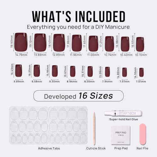 BTArtbox Press on Nails Short Square - Dark Red Nails with Glossy French Tips in a Matte Finish, Soft Gel Fake Nails Glue On Nails in 16 Sizes for for Valentine's Day Gift, Cozy Cocoa