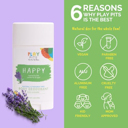 PLAY PITS - Natural Kids Whole Body Deodorant - Safe for Girls and Boys w/Sensitive Skin of All Ages - Clean, Non-Toxic, & Paraben Free - HAPPY Scent - Infused w/Lavender Essential Oils – 2.65Oz