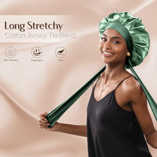 YANIBEST Large Jumbo Satin Hair Bonnets for Sleeping Double Layer Satin Lined Shower Cap for Women Men Cap for Curly Natural Hair,Green