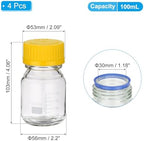 PATIKIL 4 Pack Reagent Media Storage Bottles, 100ml Borosilicate Glass Graduated Round Bottles with GL32 Yellow Screw Cap for Lab Water Reagent Liquids, Clear