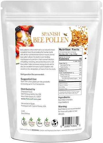 Z Natural Foods Spanish Bee Pollen Granules - Pure & Raw Pollen Granule, Product of Spain - Nutrient-Dense for Energy & Immune Support - Aromatic Sweet Flavor, Sprinkle on Salads & Smoothies, 1lb