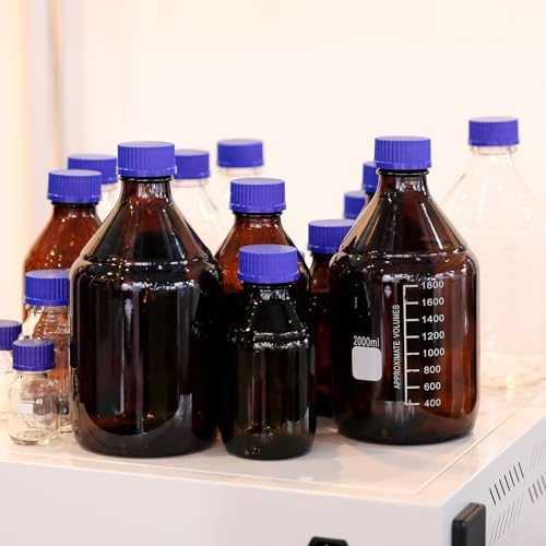 PATIKIL 8 Pack Reagent Media Storage Bottles, 100ml Borosilicate Glass Graduated Round Bottles with GL45 Blue Screw Cap for Lab Water Reagent Liquids, Clear