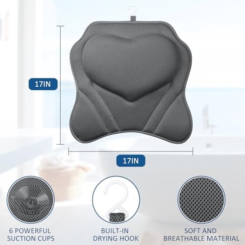 LuxStep Bath Pillow-Bathtub Pillow with Air Mesh Fabric & 6 Non-Slip Suction Cups, Bath Pillows for Tub Head, Neck and Back Support, Bath Accessories Spa Gifts, Grey