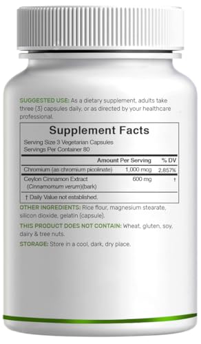 Ceylon Cinnamon with Chromium 1000mcg, 240 Capsules | Active Inner Bark Extract, True Sri Lanka Source | Natural Cinnamon Supplements