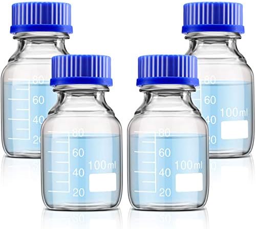 Patelai 4 Pieces Glass Round Media Storage Glass Bottles Borosilicate Media Bottles with GL45 Blue Screw Cap for Lab Water Reagent Liquids(100 ml)