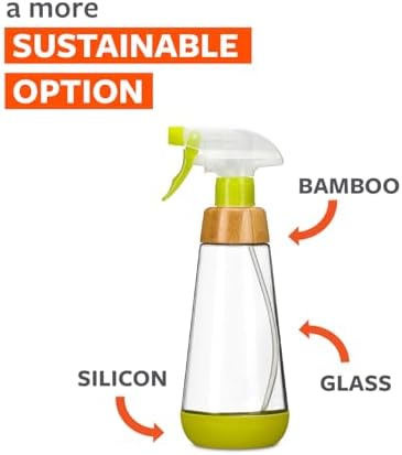 Full Circle Bottle Service - Refillable Glass Spray Bottle for Cleaning - Versatile Stream & Mist Options, Bamboo Details, Silicone Boot - Ideal for Non-Toxic Solutions & Plant Care, 16oz, Green