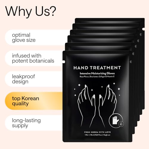 Korean Hand Masks Moisturizing Glove for Dry Hands - Hand Moisturizer Gloves for Women, Men - Hand Therapy Gloves with Collagen, Rose Oil, Shea Butter - White Hydrating Korean Hand Mask Bulk, 6 Pack