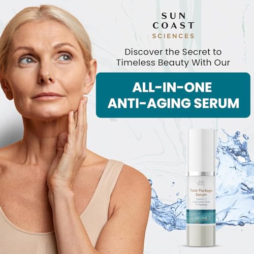 Sun Coast Sciences Total Package Serum - Vitamin C Serum with Hyaluronic Acid & Peptides for Face - Hydrating Anti Aging Face Serum for Smoother, Firmer Looking Skin - 1 Fl Oz (Pack of 1)