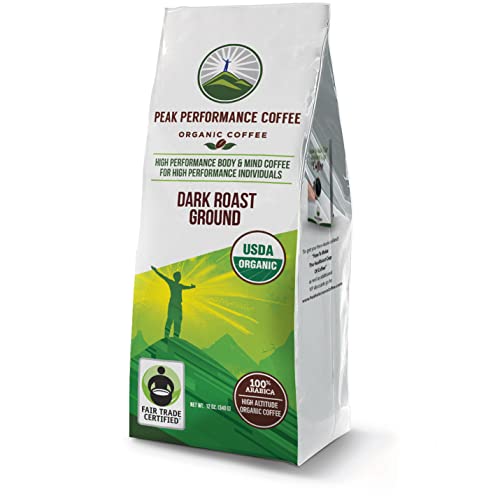 Peak Performance High Altitude Organic Coffee. Fair Trade, Low Acid, Non GMO, and Beans Full Of Antioxidants. Dark Roast Smooth Tasting USDA Certified Organic Ground Coffee Bag
